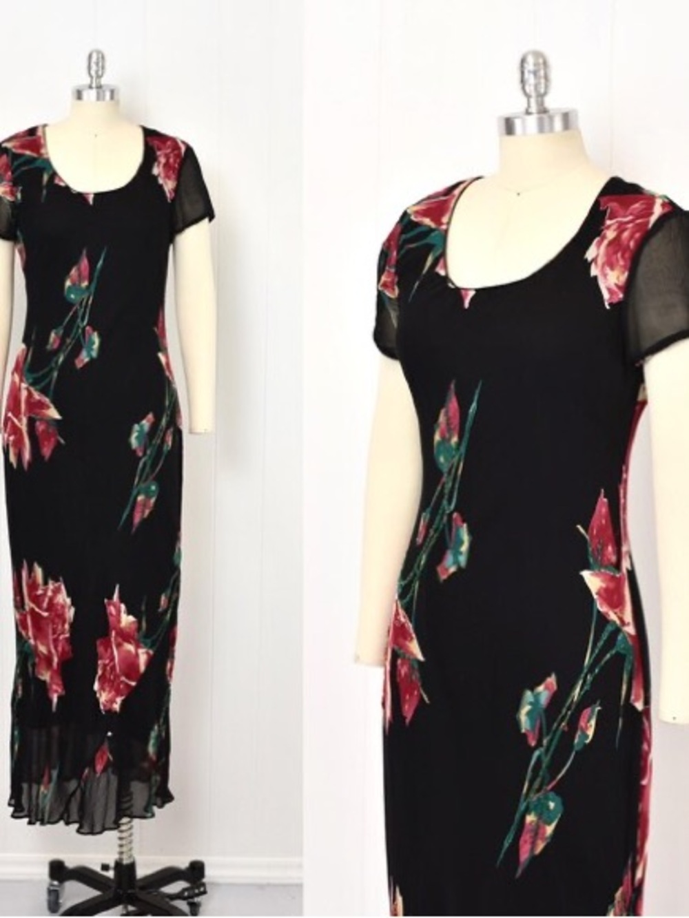 Vintage Black Floral Short-Sleeve Maxi Dress